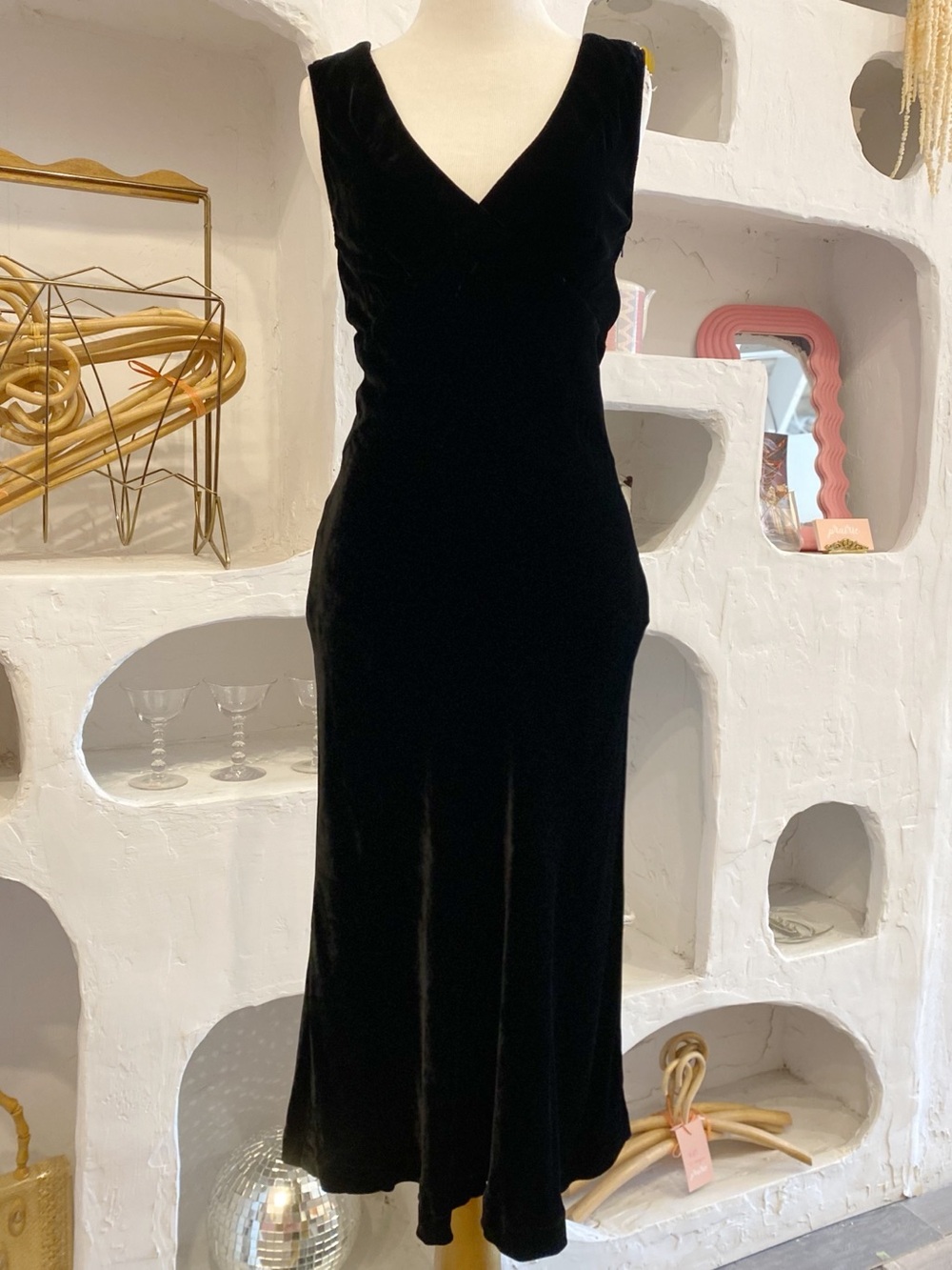 Vintage Jacob Black Velvet V-Neck Midi Dress with Crisscross Detail on Front